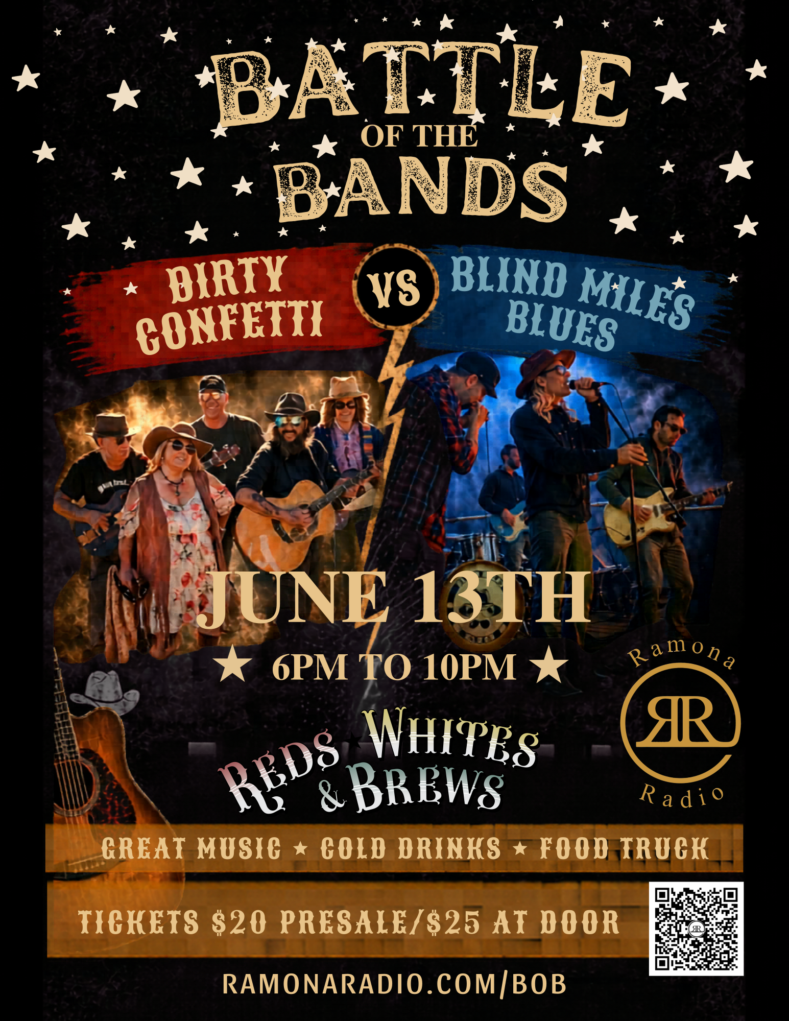 Battle of the Bands — Dirty Confetti vs Blind Miles Blues, June 13th at Reds, Whites & Brews